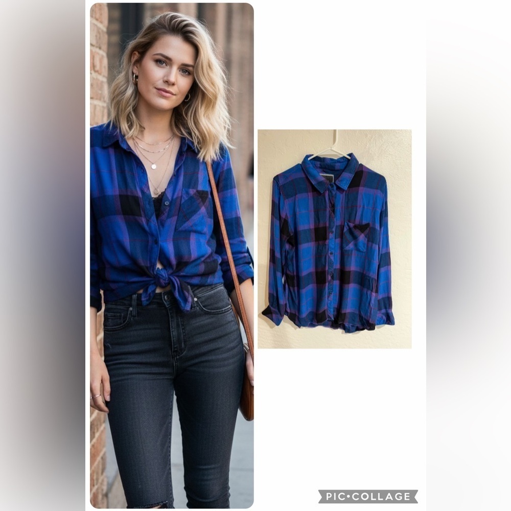 Rails Women's Blue Plaid Collared Button-Up Long sleeve Shirt Size Large